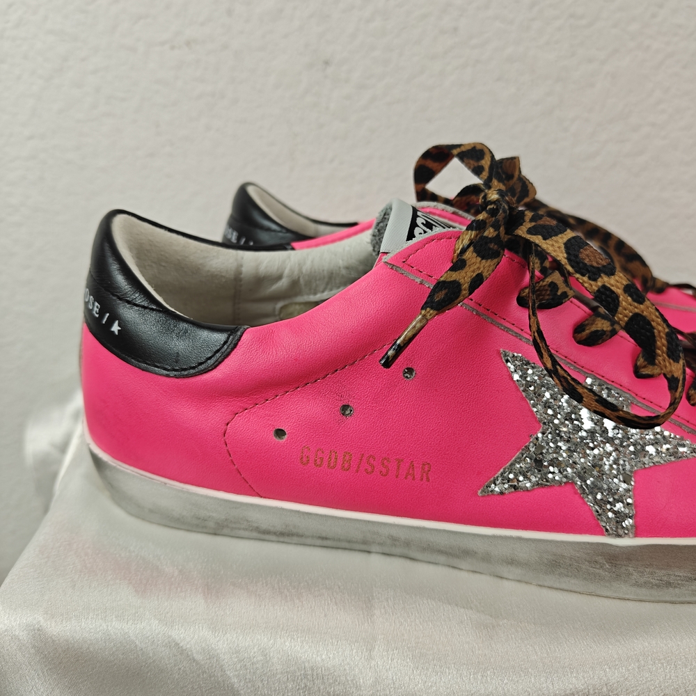Golden Goose Super-Star Neon Pink Glitter Star Sneakers Sz 40 (9-9.5) Leopard - Picture 4 of 16